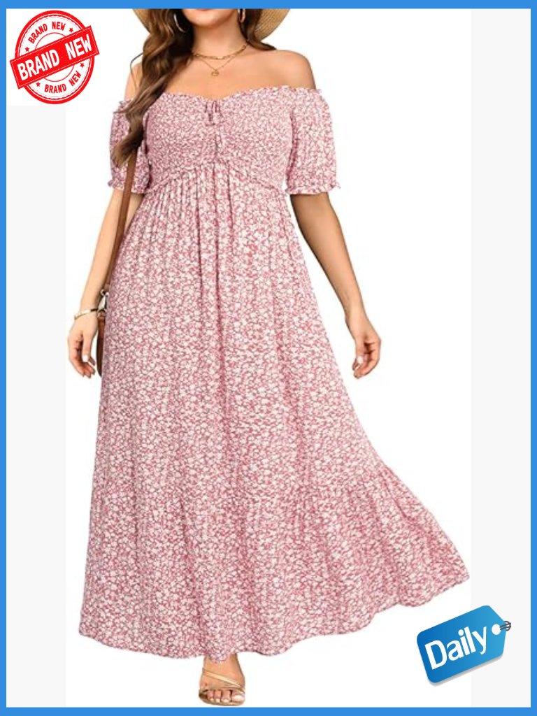 Plus Size Boho Off Shoulder Maxi Dress Puff Sleeve A Line Sundress
